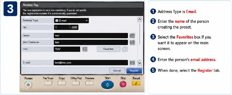 Step 3: Enter the name and email address, optionally select Favorites, and register