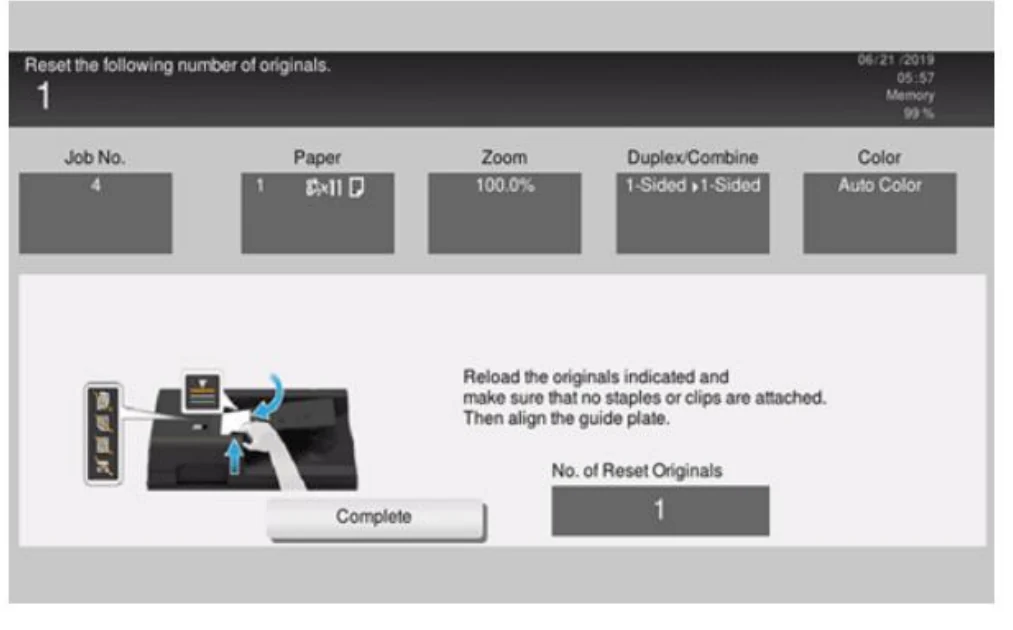 Reset the following number of originals screen with the Complete button