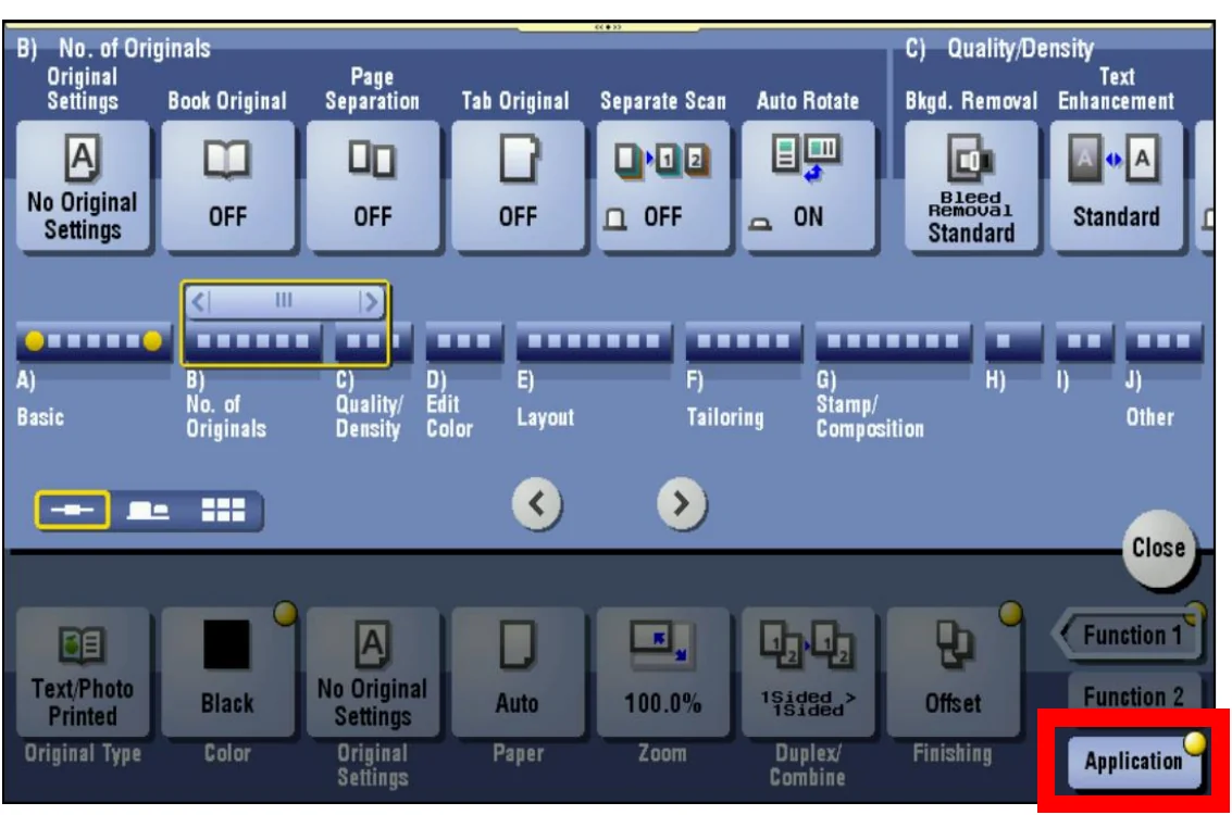 Application menu tabs with No. of Originals and Quality/Density features