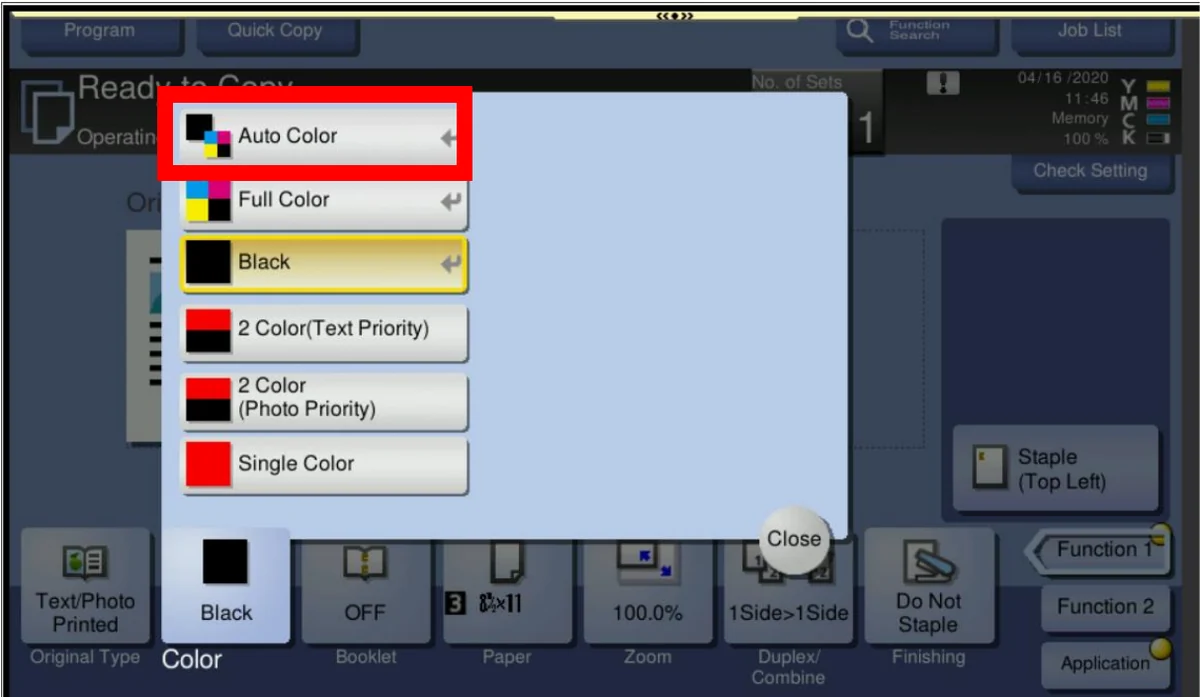 Color menu with Auto Color, Full Color, Black, 2 Color, and Single Color
