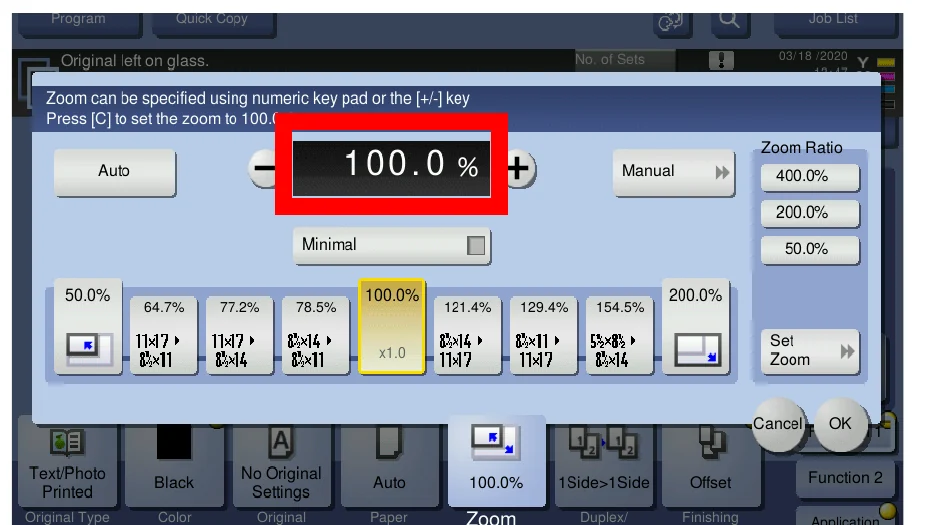 Zoom screen with presets, Zoom Ratio buttons, and Minimal