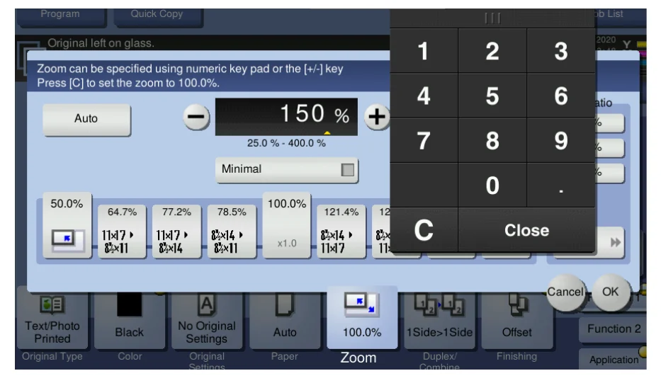 Zoom screen with the keypad open and 150% typed