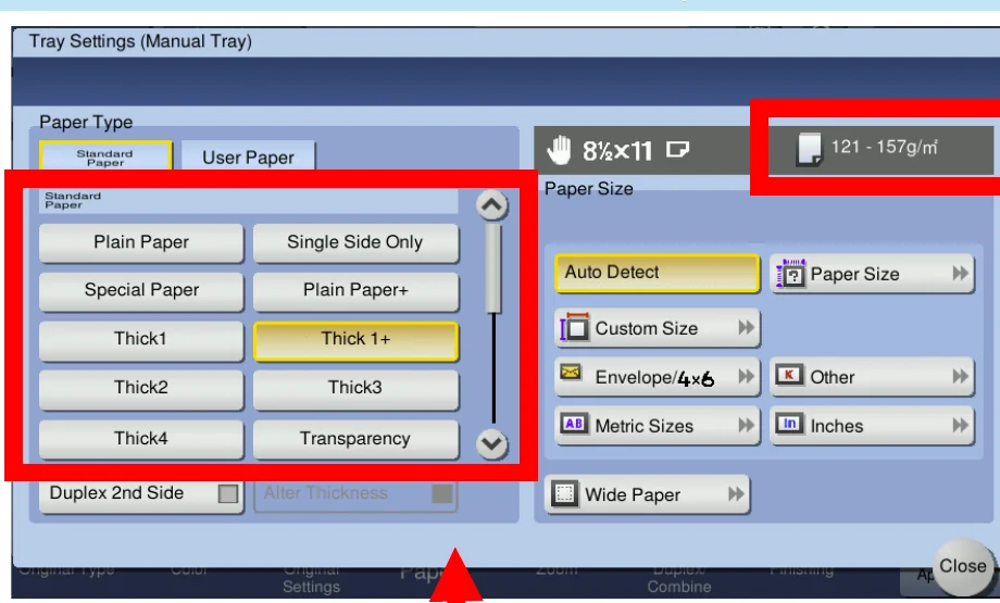 Tray Settings screen with Paper Type buttons