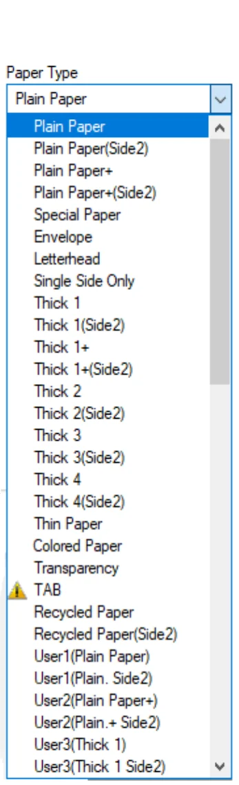 Print driver Paper Type drop-down list