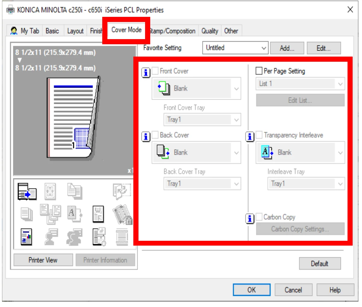 Cover Mode tab with Front Cover, Back Cover, Per Page Setting, Transparency Interleave, and Carbon Copy