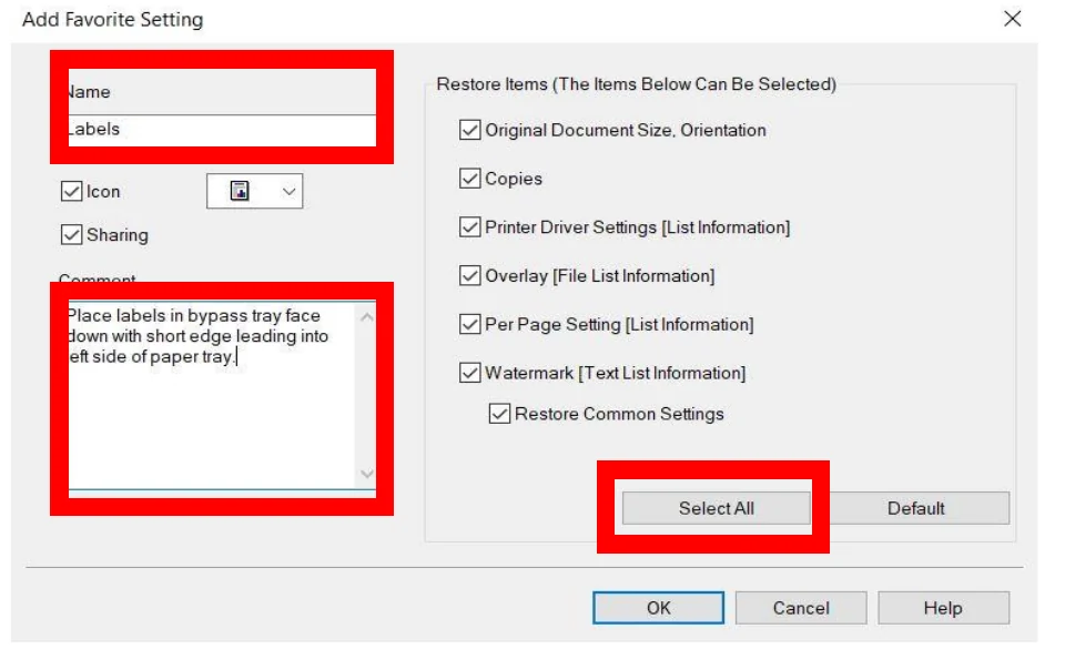 Add Favorite Setting window with Name, Comment, and Select All