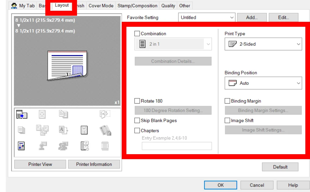 Layout tab with Combination, Rotate 180, Skip Blank Pages, Chapters, and Binding Position