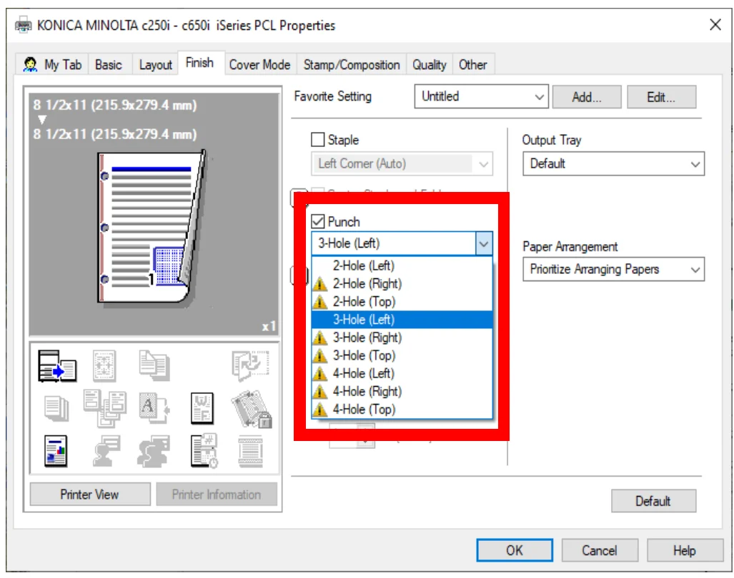 Finish tab Punch drop-down with 2-hole and 3-hole choices