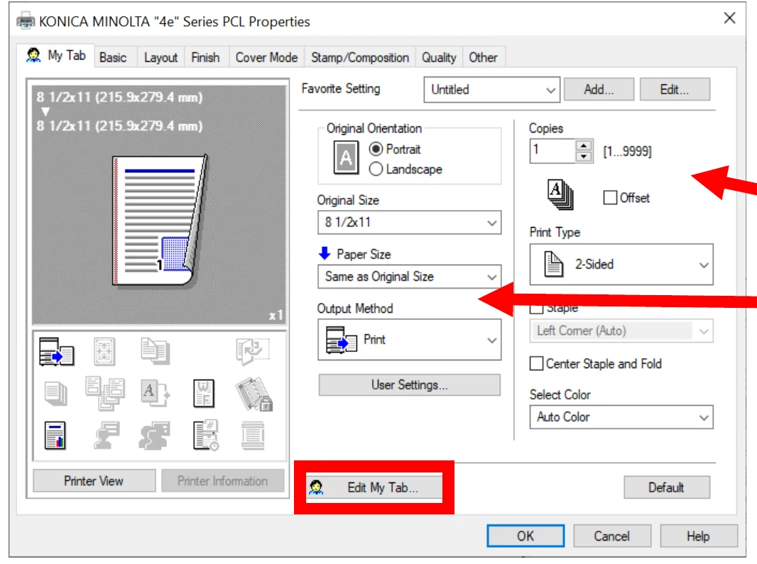 Print driver My Tab with the Edit My Tab button
