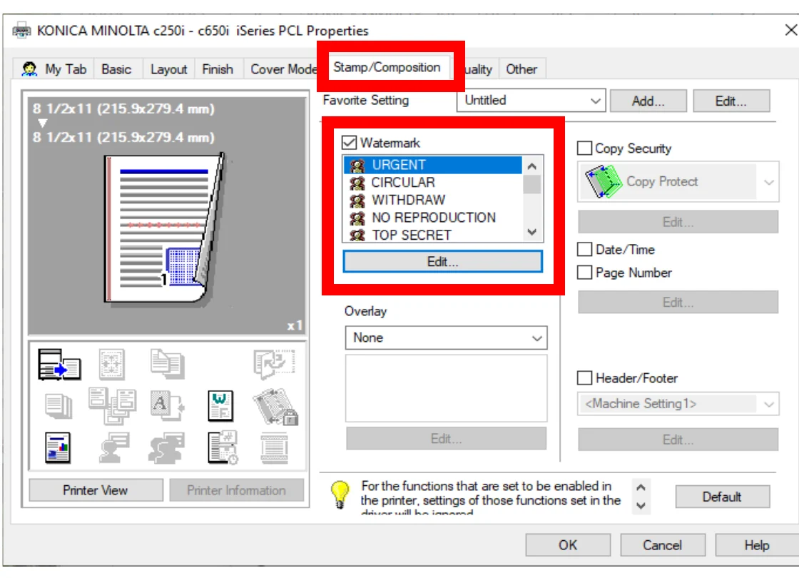 Stamp/Composition tab with the Watermark list