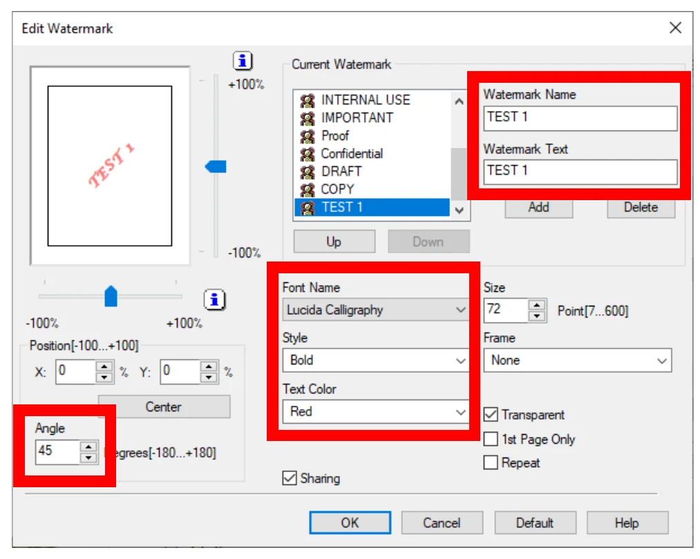 Edit Watermark window with name, text, font, color, and angle