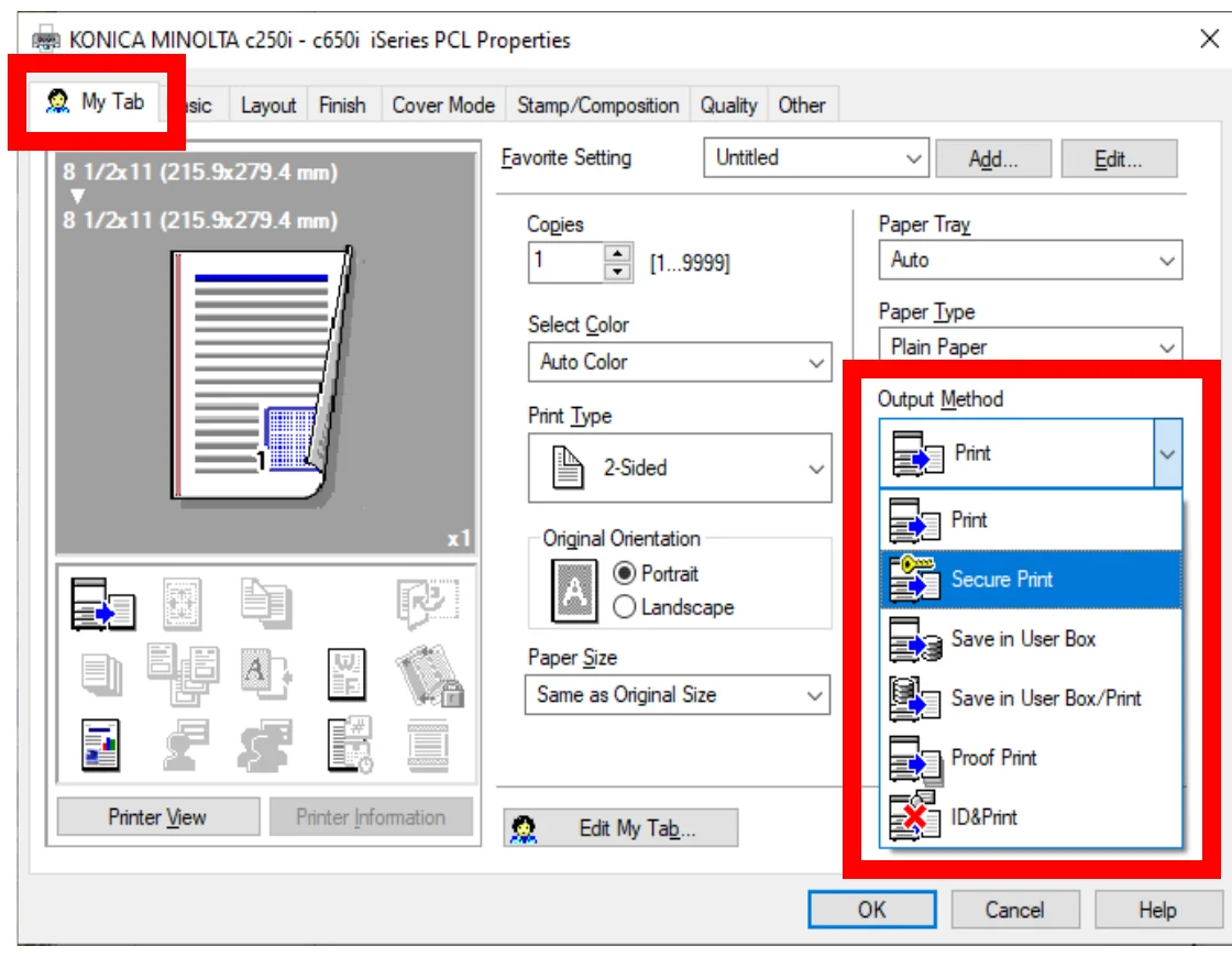 Output Method drop-down with Print, Secure Print, Save in User Box, Save in User Box/Print, Proof Print, and ID&Print