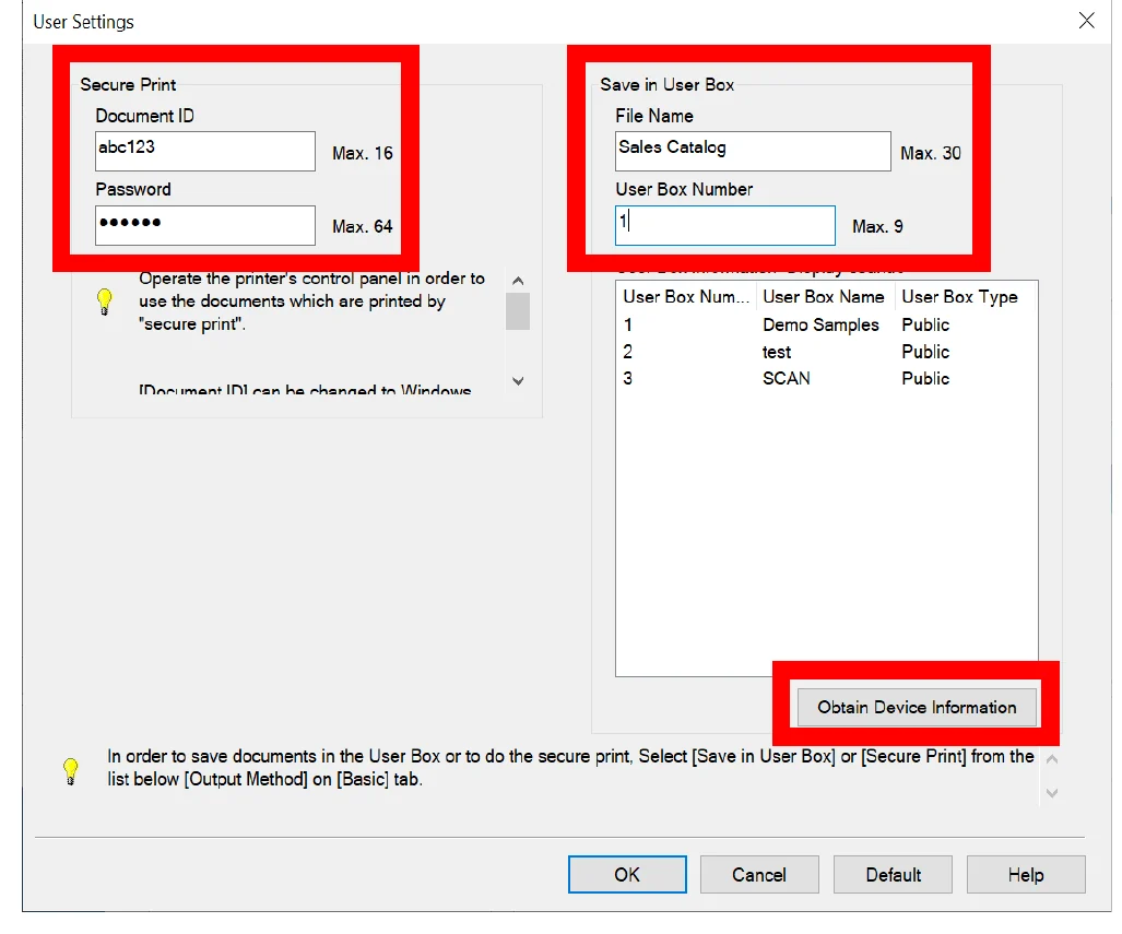 User Settings window with File Name, User Box Number, and Obtain Device Information